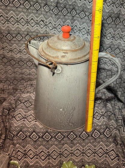 Vintage grey enamel spatter coffee pot with lid