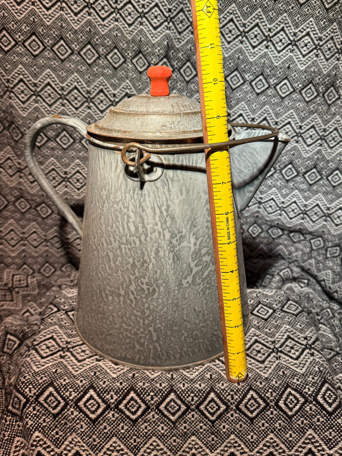 Vintage grey enamel spatter coffee pot with lid