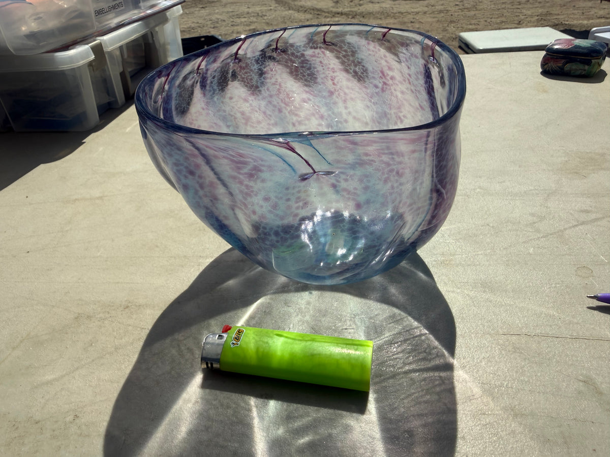 Handmade blue and purple speckled art glass bowl