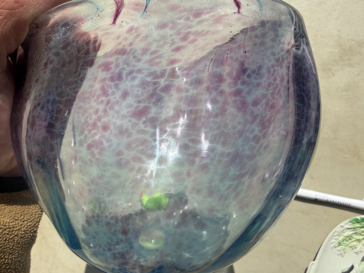 Handmade blue and purple speckled art glass bowl